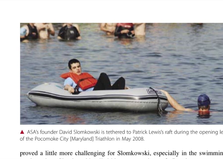 ASA's founder David Slomkowski is tethered to Patrick Lewis's raft during the opening leg of the Pocomoke City [Maryland] Triathlon in May 2008.
