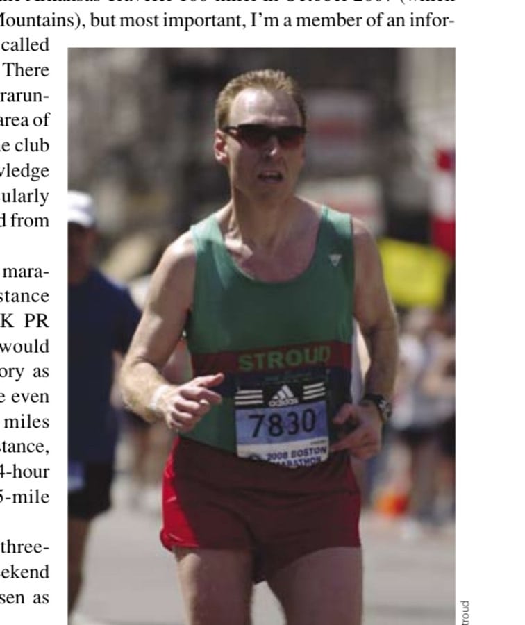The author runs the 2008 Boston Marathon wearing his Stroud and District Athletic Club racing kit.