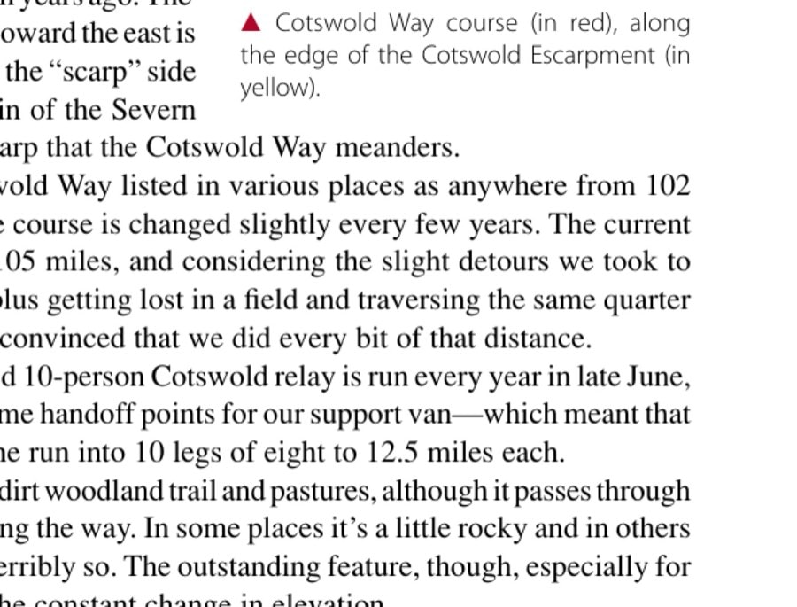 Cotswold Way course (in red), along the edge of the Cotswold Escarpment (in yellow).