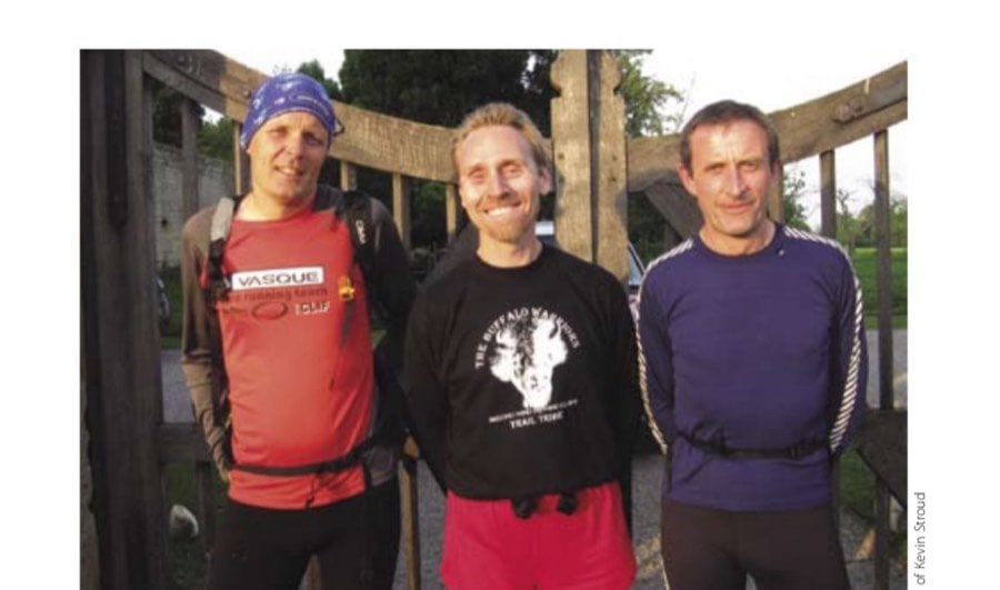 The author (center), Martin Beale (left), and David Burton at the start at the gates of St. James Church in Chipping Campden.
