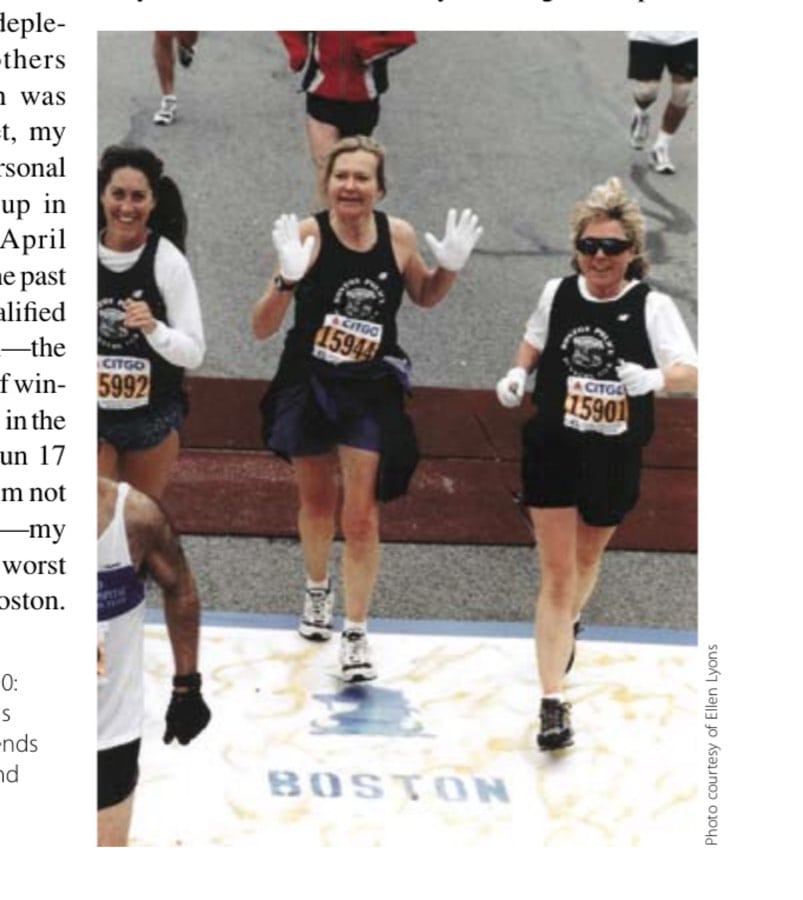 My Most Unforgettable Marathon (Vol. 14, No. 2) 11 Boston, April 17, 2000: The author (center) runs her first marathon. Friends Renee LaPlume (left) and Denise Donovan (right) talked her into it.