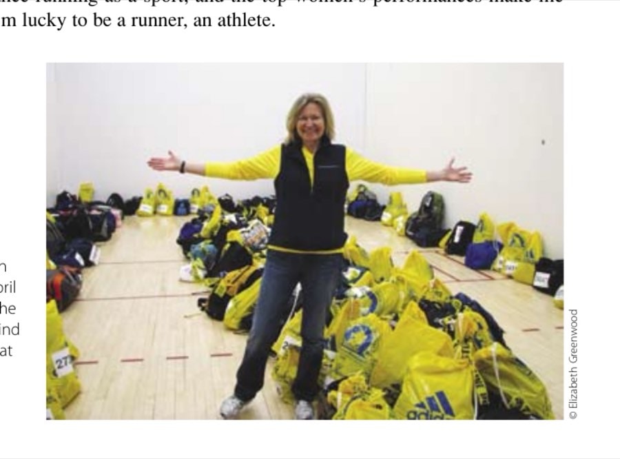 My Most Unforgettable Marathon (Vol. 14, No. 2) 10 Marathon Monday, April 20, 2009: The author behind the scenes at bag check. Yellow bag, anyone?