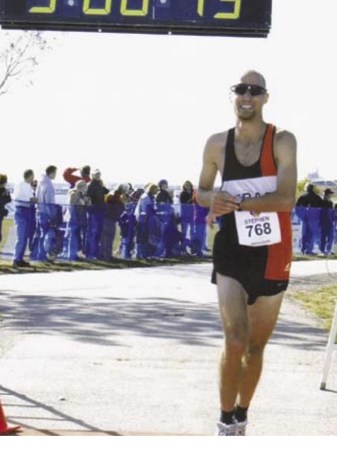 2:59:59 11 The author is the first person not to break three hours in the 2004 Milwaukee Lakefront Marathon.