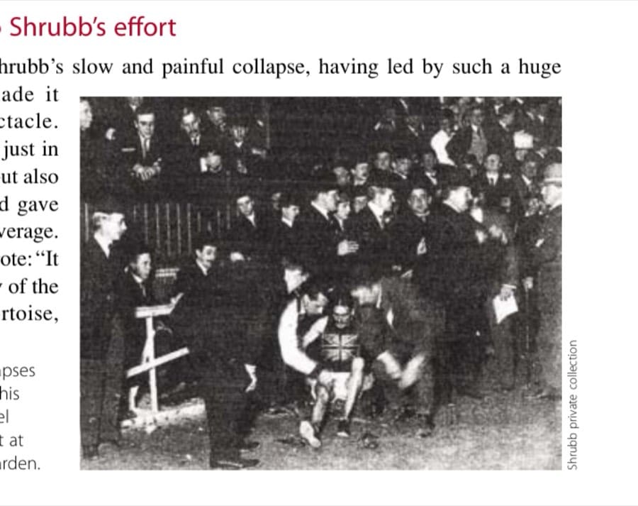 Alf Shrubb collapses toward the end of his 1909 marathon duel with Tom Longboat at Madison Square Garden.