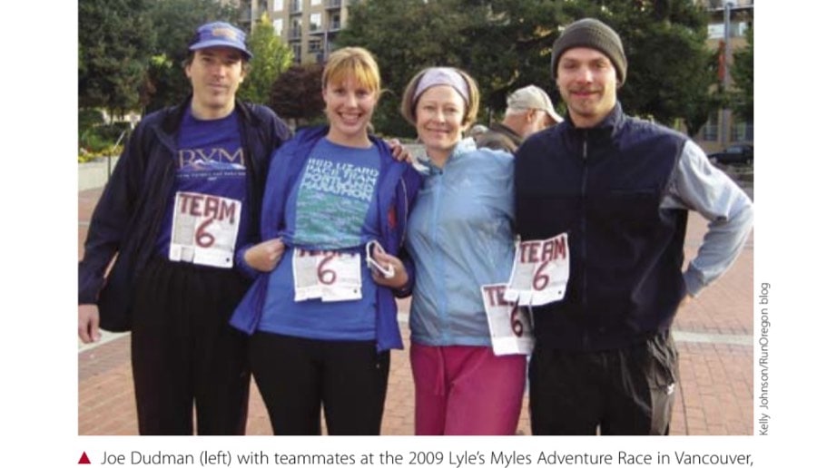 Racing Man 13 Joe Dudman (left) with teammates at the 2009 Lyle's Myles Adventure Race in Vancouver, Washington.