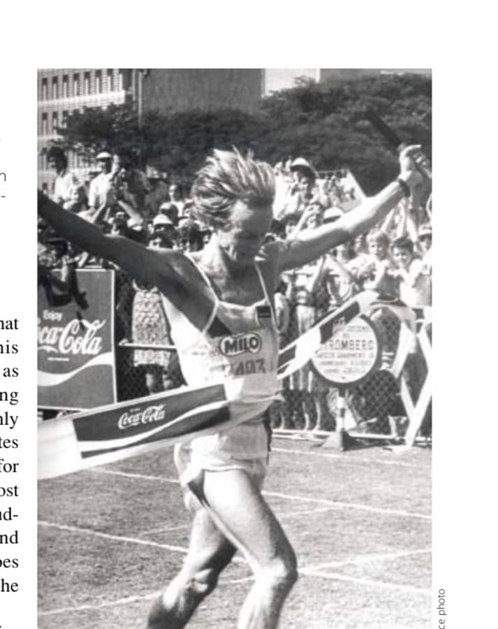 Fordyce is widely known for winning South Africa's annual Comrades Marathon (89K) a record 9 times. Here, Bruce sets the "down" direction record of 5:24:07 in 1986, beating his own previous such record by over 3 minutes.
