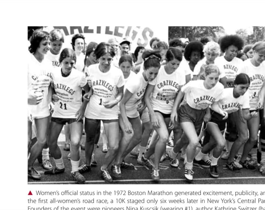 Women's official status in the 1972 Boston Marathon generated excitement, publicity, and the first all-women's road race, a 10K staged only six weeks later in New York's Central Park. Founders of the event were pioneers Nina Kuscsik (wearing #1), author Kathrine Switzer (hair tied up with ribbon), and the legendary Fred Lebow (not shown). The New York Mini Marathon will stage its 40th consecutive run in June 2011.