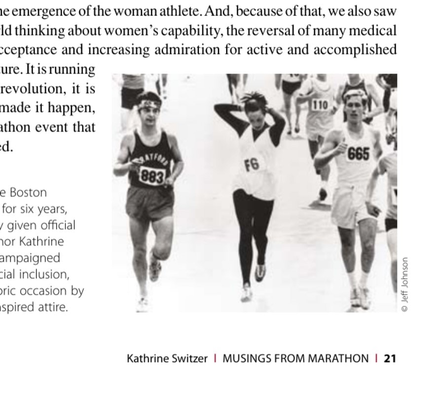 After running the Boston Marathon "illegally" for six years, women were finally given official status in 1972. Author Kathrine Switzer, who had campaigned with others for official inclusion, celebrates the historic occasion by running in Greek-inspired attire.
