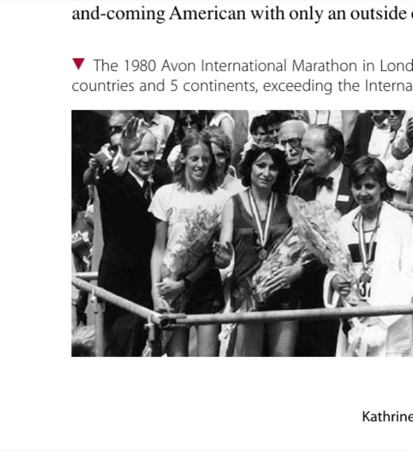 The 1980 Avon International Marathon in London featured top runners from 27 countries and 5 continents, exceeding the International Olympic Committee's global participation requirement. The speed of these women runners—Lorraine Moller, center, from New Zealand (first); American Nancy Conz, left (second); and Canadian Linda Staudt, right (third)—showed widespread talent. This race led to IOC approval for a women's marathon in the Olympics in 1984.