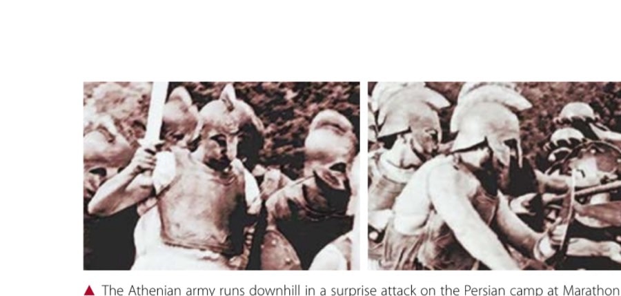 The Athenian army runs downhill in a surprise attack on the Persian camp at Marathon.