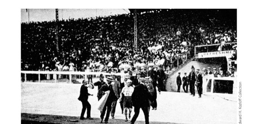 The first time the marathon was competed at the 42K distance, in the 1908 Olympic Marathon, Italian Dorando Pietri collapsed repeatedly during the final stretch and was disqualified for being helped across the finish line.