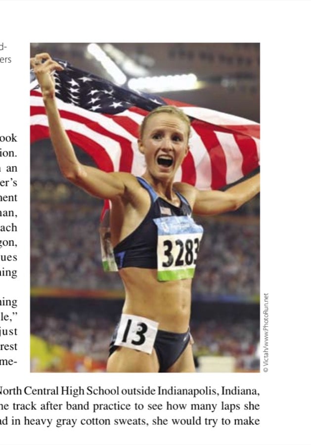 Shalane celebrates her third-place finish in the 10,000 meters at the Beijing Olympics.