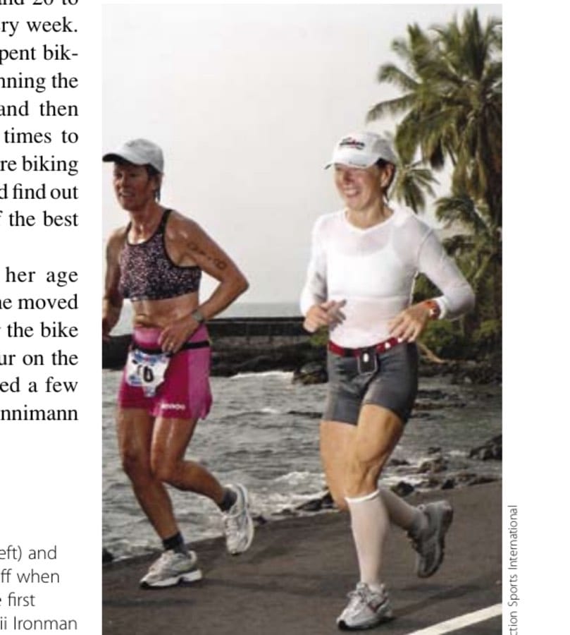 Author Cathy Tibbetts (left) and Denise Everitt (right) hit it off when they met each other for the first time during the 2008 Hawaii Ironman marathon.