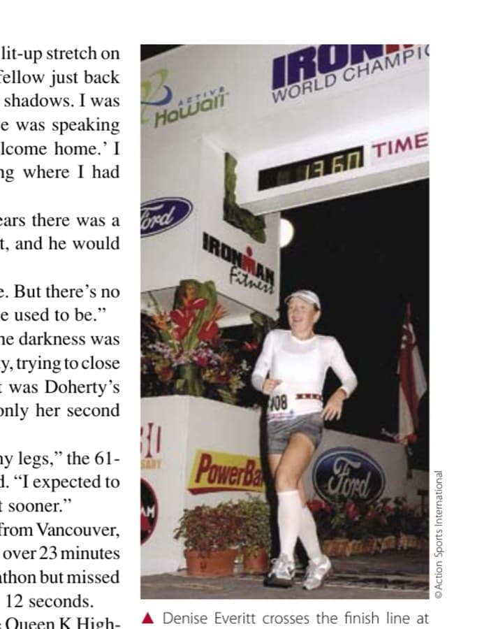 Denise Everitt crosses the finish line at the 2008 Hawaii Ironman World Championship.