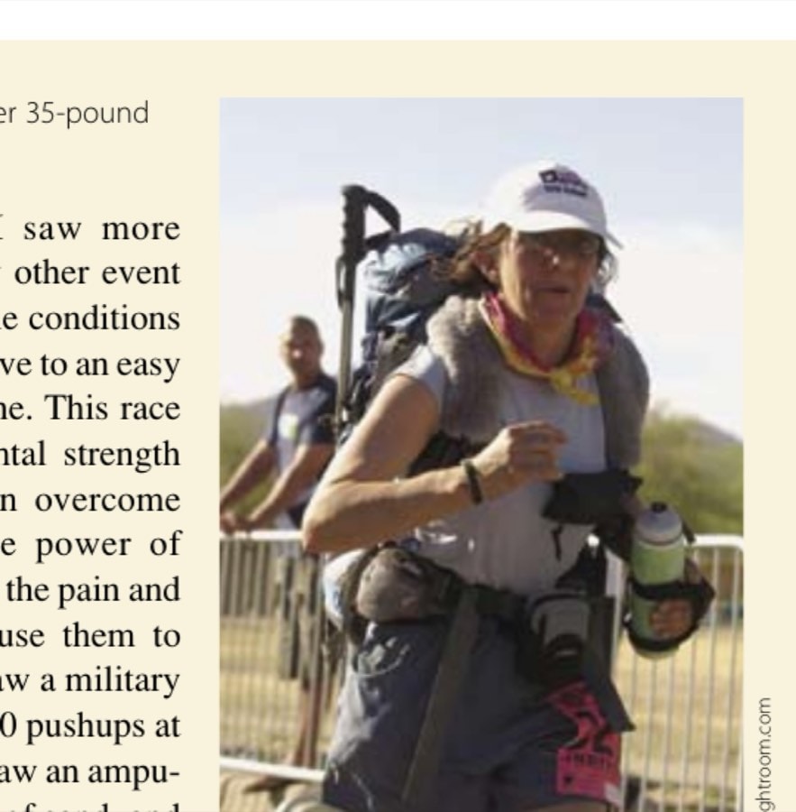 My Most Unforgettable Marathon (Vol. 14, No. 6) 12 The author carrying her 35-pound pack during the race.