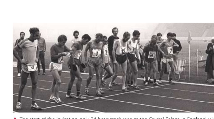 The start of the invitation-only 24-hour track race at the Crystal Palace in England, with Frank Bozanich wearing number 1. To his left, wearing number 12, is Don Ritchie, who set a world record of 11:30:51 for 100 miles in the race.