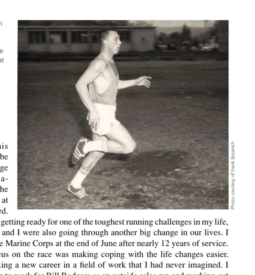 Frank Bozanich practicing form and speed drills, showing off some running attire that the Smithsonian probably would like to own.