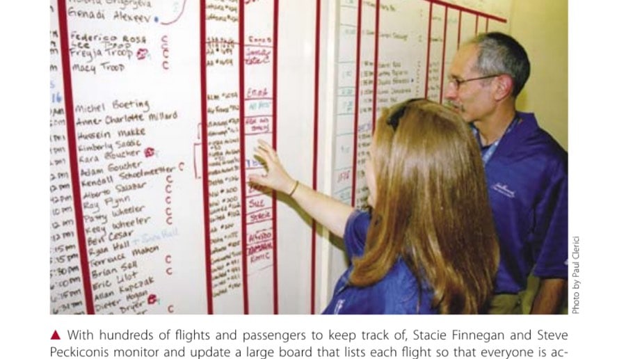 With hundreds of flights and passengers to keep track of, Stacie Finnegan and Steve Peckiconis monitor and update a large board that lists each flight so that everyone is accounted for and picked up at the right time and the correct gate.