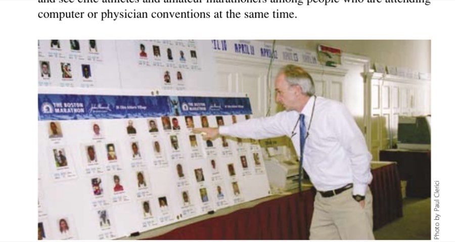 Fred Treseler points to the boards that feature every official photo ID and name so hosts can make sure there are no mistaken identities when picking up and directing guests, who include athletes, agents, managers, and family members.