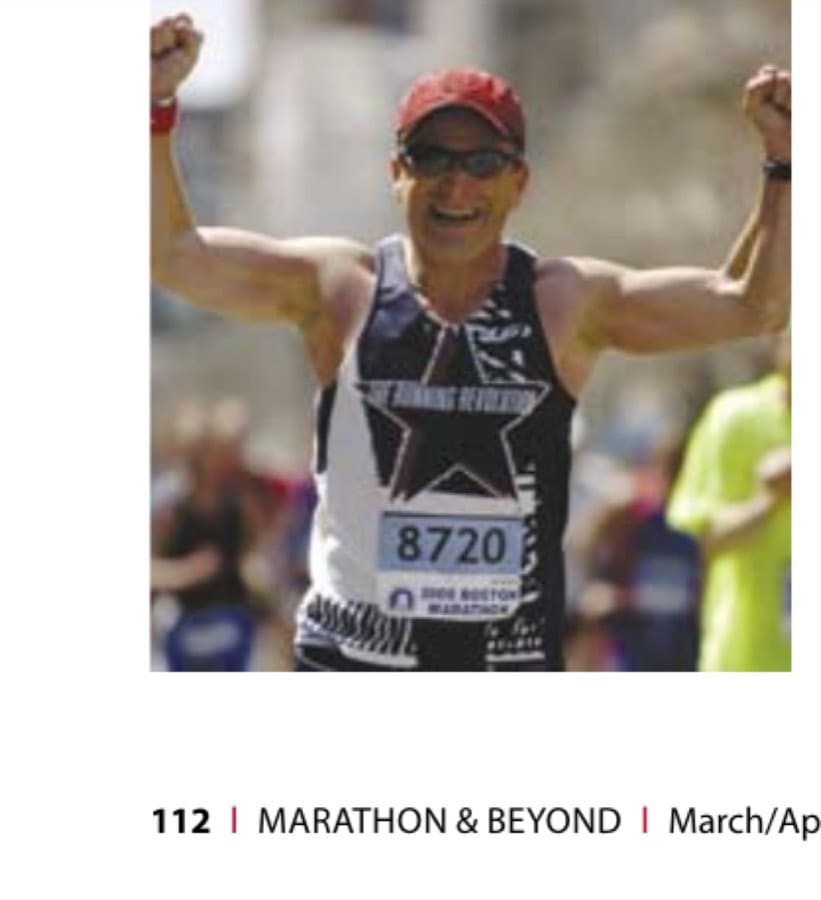 Bottom: The author celebrates his 2008 Boston finish wearing on his left wrist the Australian flag wristband worn by Peter during the 2007 Boston Marathon.