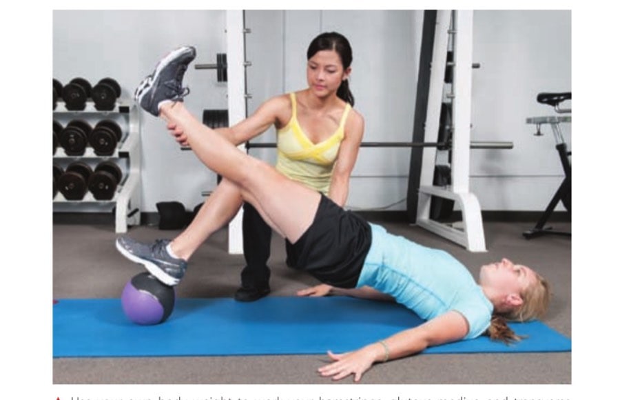 Use your own body weight to work your hamstrings, gluteus medius, and transverse abdominis by doing one-legged hip raises with one foot on a medicine ball.