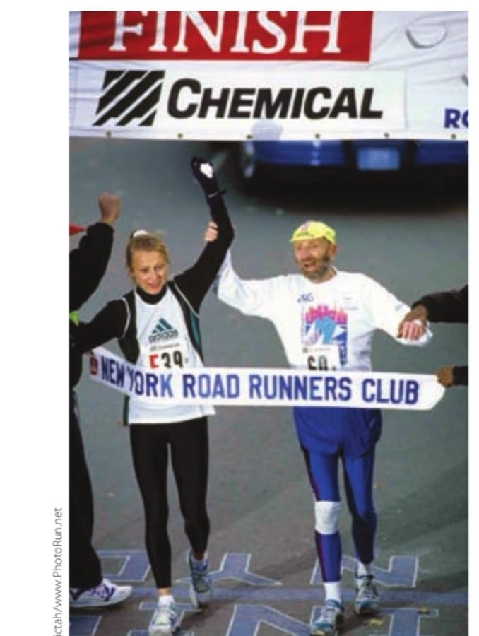 Fred's Final Lap 15 A dream come true: Fred Lebow (running his only five-borough New York City Marathon) finishes "his" race with Grete Waitz in 1992.