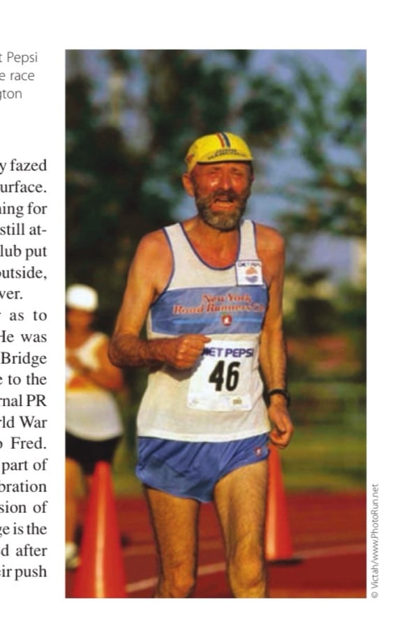 Fred's Final Lap 13 Fred Lebow finishes the Diet Pepsi 10K sometime in the 1980s. The race started on the George Washington Bridge.