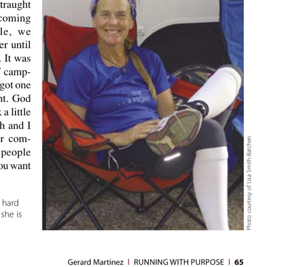Running With Purpose 11 Lisa rests her legs after a hard day's run. Despite the pain, she is all smiles.