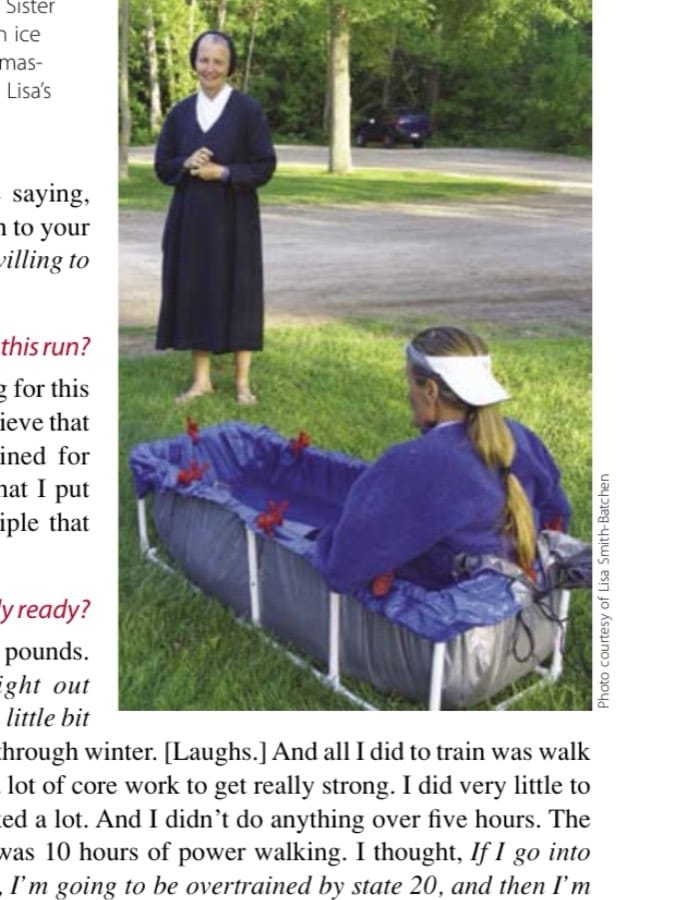 Running With Purpose 12 Under the watchful eye of Sister Mary Beth Lloyd, Lisa takes an ice bath. These baths, as well as massages, played a crucial role in Lisa's run through America.