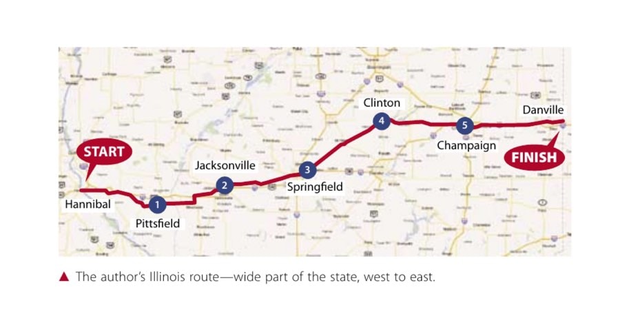 The author's Illinois route—wide part of the state, west to east.