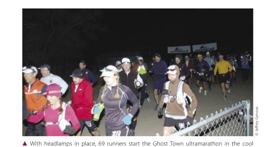 With headlamps in place, 69 runners start the Ghost Town ultramarathon in the cool darkness of a New Mexico morning.