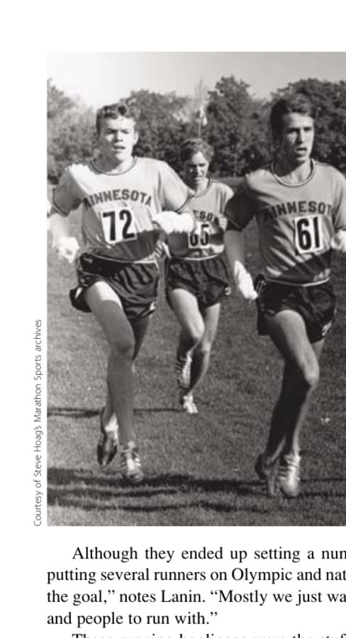 Gary Bjorklund (61) and Don Timm (72) running cross-country for the Gophers.