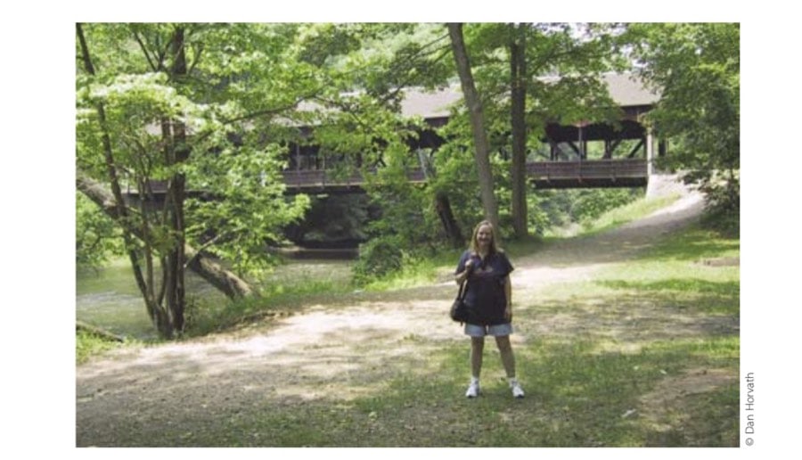 Debbie Horvath at the Mohican Covered Bridge the day before the 2001 race.