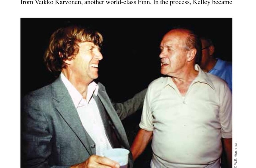 Johnny and Jock Semple, forever joined in the annals of Boston Marathon history, at Johnny's retirement (from teaching) party in 1980.