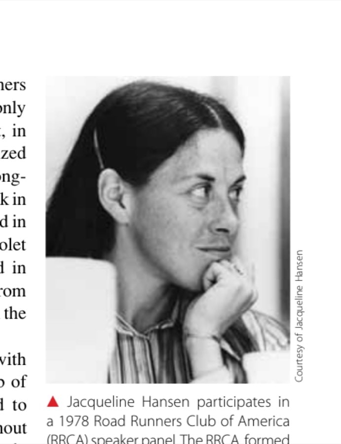 Jacqueline Hansen participates in a 1978 Road Runners Club of America (RRCA) speaker panel. The RRCA, formed in 1957, vowed to give women runners equal recognition.