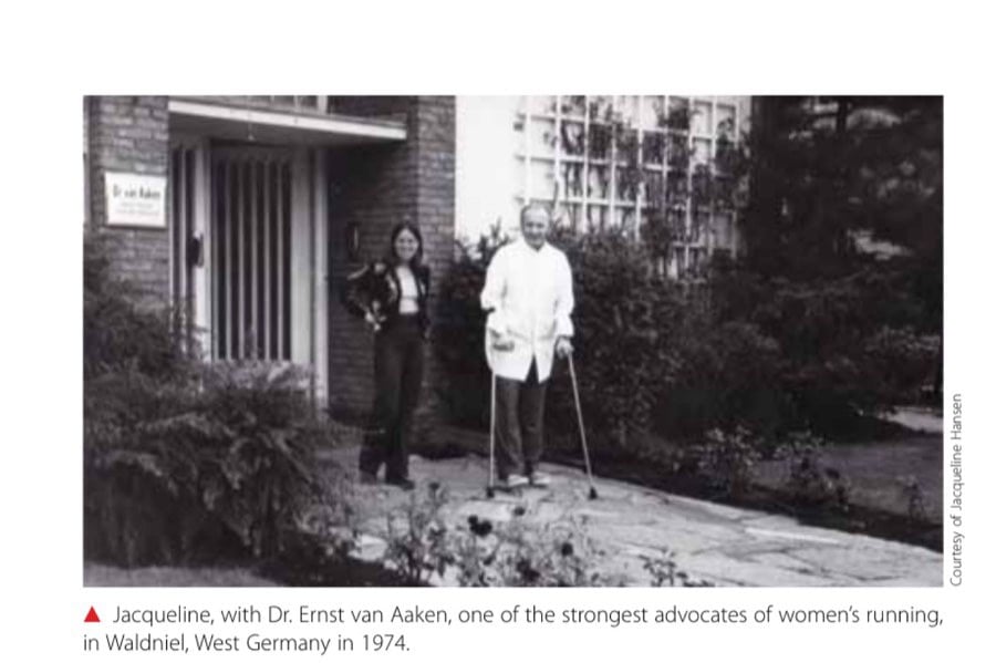 Jacqueline, with Dr. Ernst van Aaken, one of the strongest advocates of women's running, in Waldniel, West Germany in 1974.
