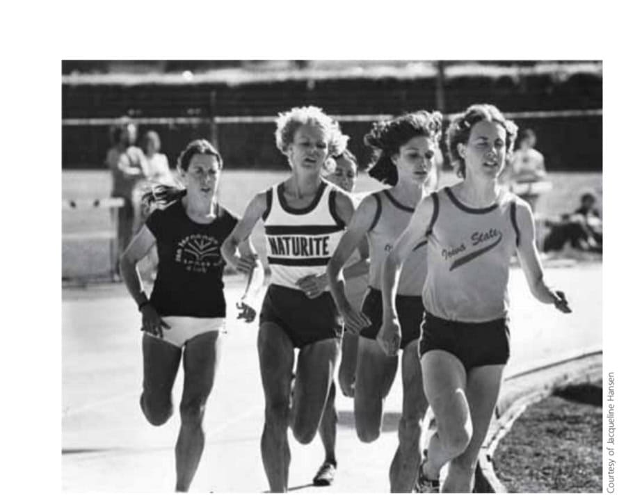 Left to right: Jacqueline, Cheryl Bridges, Carol Cook, and Peg Neppel compete in a 10K track race held in conjunction with the 1976 Olympic Trials in Eugene, Oregon, showing that women were capable of running long distances.