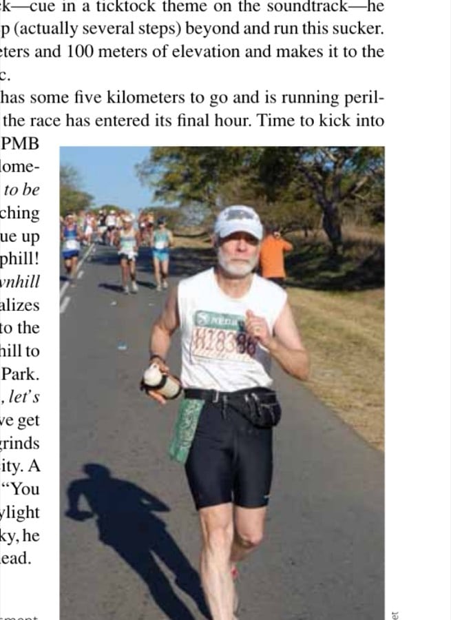 Determination (and embarrassment for slipping up on the math of the last cutoff) on his face, the author scuds on in the afternoon heat to the Pollies, the final hills on the course.