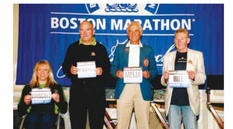 Evolution Of The Boston Marathon Press Conference 10 Part of the Boston Athletic Association (B.A.A.) Champions' Breakfast media conference includes the ceremonial presentation of bib numbers to the defending champions and select elite athletes, as well as the recognition of anniversaries of former winners. From left, in 2011, are Jean Driscoll (eight-time winner), Robert de Castella (1986), Alvaro Meija (1971), and Ron Hill (1970).