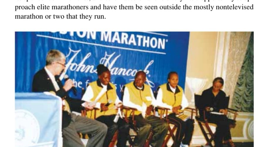 Evolution Of The Boston Marathon Press Conference 12 After the Champions' Breakfast media conference, B.A.A. Executive Director Tom Grilk, far left, interviews four-time winner Catherine Ndereba as defending champions Robert Kiprono Cheruiyot and Teyba Erkesso (and her interpreter, Sabrina Yohannes, far right) listen in and await their turn to answer a few questions.