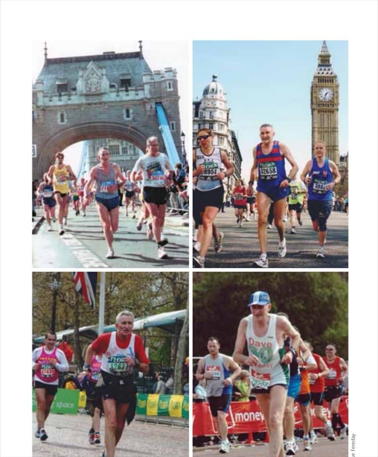 The London Marathon From Inside 6 The author's London Marathon experience through the years (clockwise from top left): 1995: running over the iconic Tower Bridge (author in striped jersey); 2005: running the 25th London Marathon with the Houses of Parliament in the background; 2008: race walking into the finish down the Mall opposite Buckingham Palace; and 2010: again race walking into the finish.