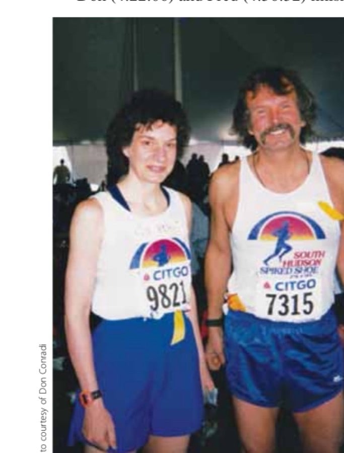 On the 10th anniversary of his first Boston Marathon, Don Conradi, along with his sister, Ellen Jacques, waits in the Athletes' Village in Hopkinton prior to running the 103rd Boston in 1999.