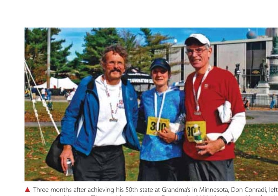 Three months after achieving his 50th state at Grandma's in Minnesota, Don Conradi, left, congratulates his sister, Ellen, and brother-in-law, Fred, at the 2009 Manchester Marathon in New Hampshire as they also reach the 50-state plateau.