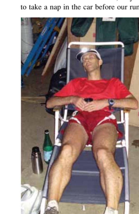The Glam Circuit 18 Vermont 100. Guido snoozing at 75+ miles before the final push to the finish.