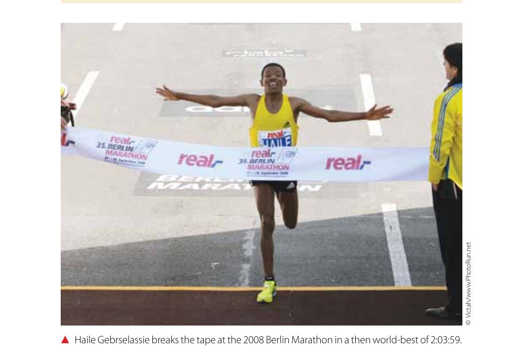 Countdown to the First Sub-2:00:00 18 Haile Gebrselassie breaks the tape at the 2008 Berlin Marathon in a then world-best of 2:03:59.