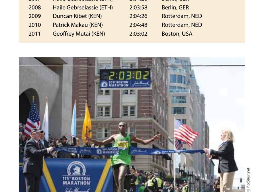 Countdown to the First Sub-2:00:00 19 Geoffrey Mutai runs a 2:03:02 at the 2011 Boston Marathon.