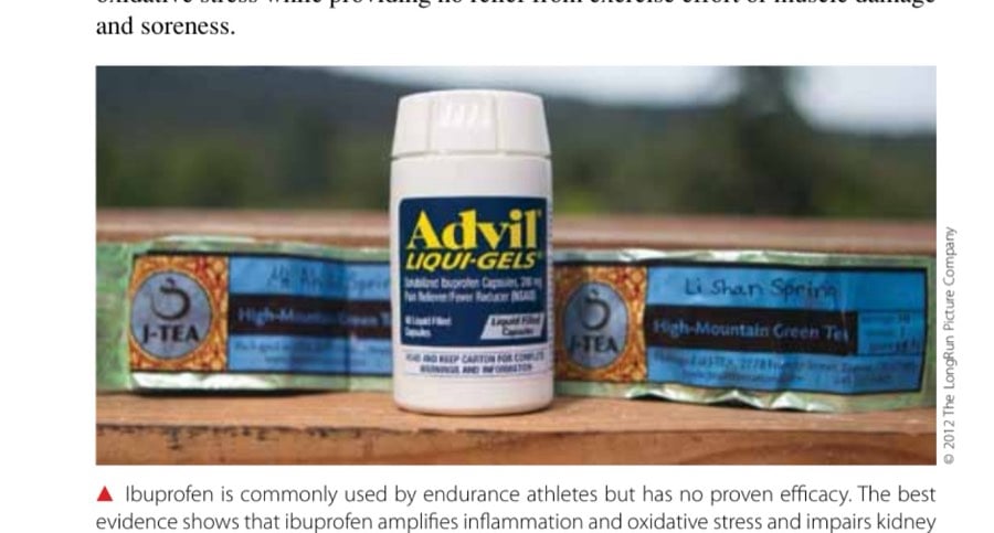 Ibuprofen is commonly used by endurance athletes but has no proven efficacy. The best evidence shows that ibuprofen amplifies inflammation and oxidative stress and impairs kidney function in long-distance runners.