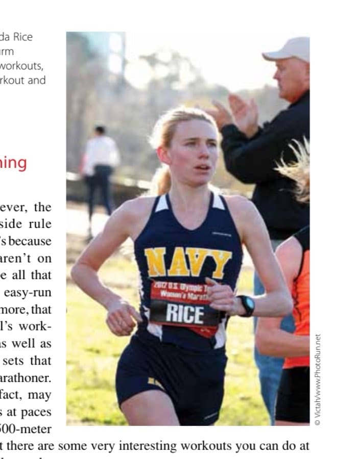 The U.S. Navy's Lt. Amanda Rice (2:38:57 marathon PR) is a firm believer in active-recovery workouts, particularly de Castella's workout and long alternations.