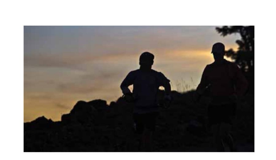 Painting On Walls 47 Silhouettes against the lowering night sky—Jeff Kozak and a pacer friend caught quickly just as I was losing the light. Diamond Peak facing south to Mount Shasta at mile 60 of the Pine2Palm 100, 2011.