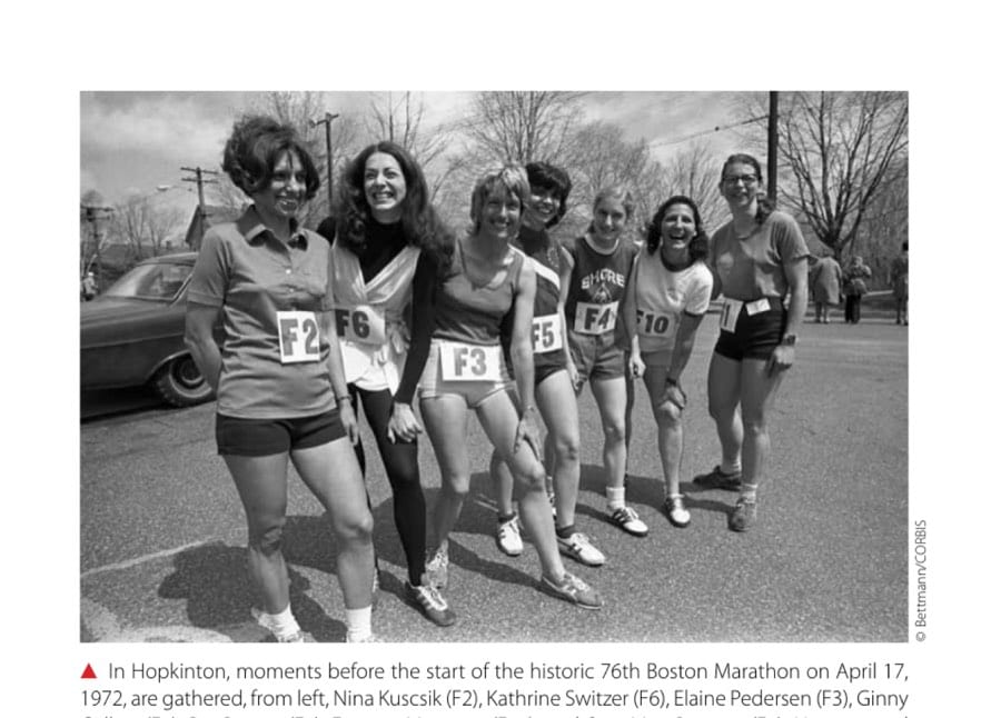 Boston Femme 6 In Hopkinton, moments before the start of the historic 76th Boston Marathon on April 17, 1972, are gathered, from left, Nina Kuscsik (F2), Kathrine Switzer (F6), Elaine Pedersen (F3), Ginny Collins (F5), Pat Barrett (F4), Frances Morrison (F10), and Sara Mae Berman (F1). Not pictured is Valerie Rogosheske, who wore bib F7.